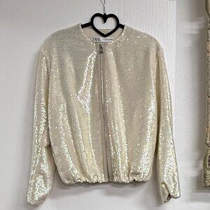 Zara Cream Sequin Bomber Jacket Size S
